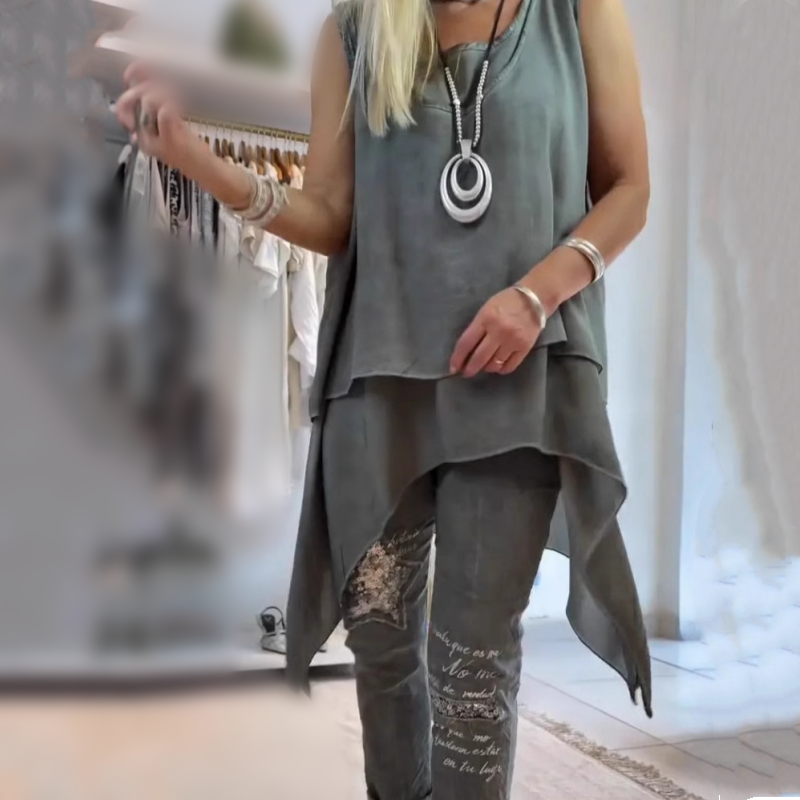 Asymmetrical Top Set - Floral Pants Outfit | Lightweight Summer Casual Wear