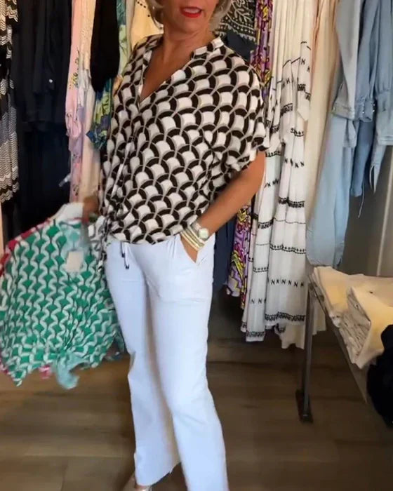 Casual Pattern Top – Stylish Cotton Blend V-Neck Printed Blouse for Summer