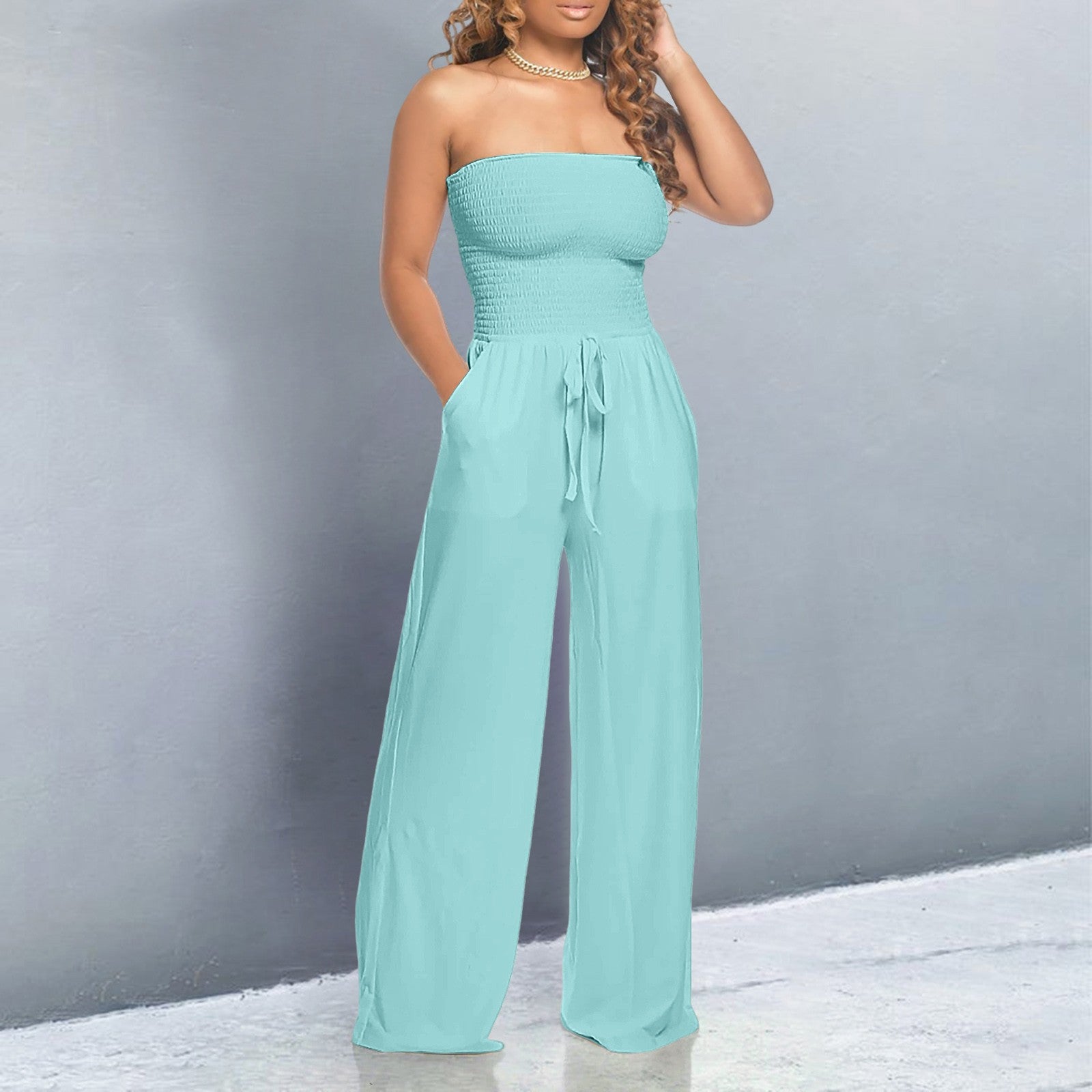 Modern Elegant Jumpsuit – Strapless Wide Leg Design with Adjustable Waist Tie
