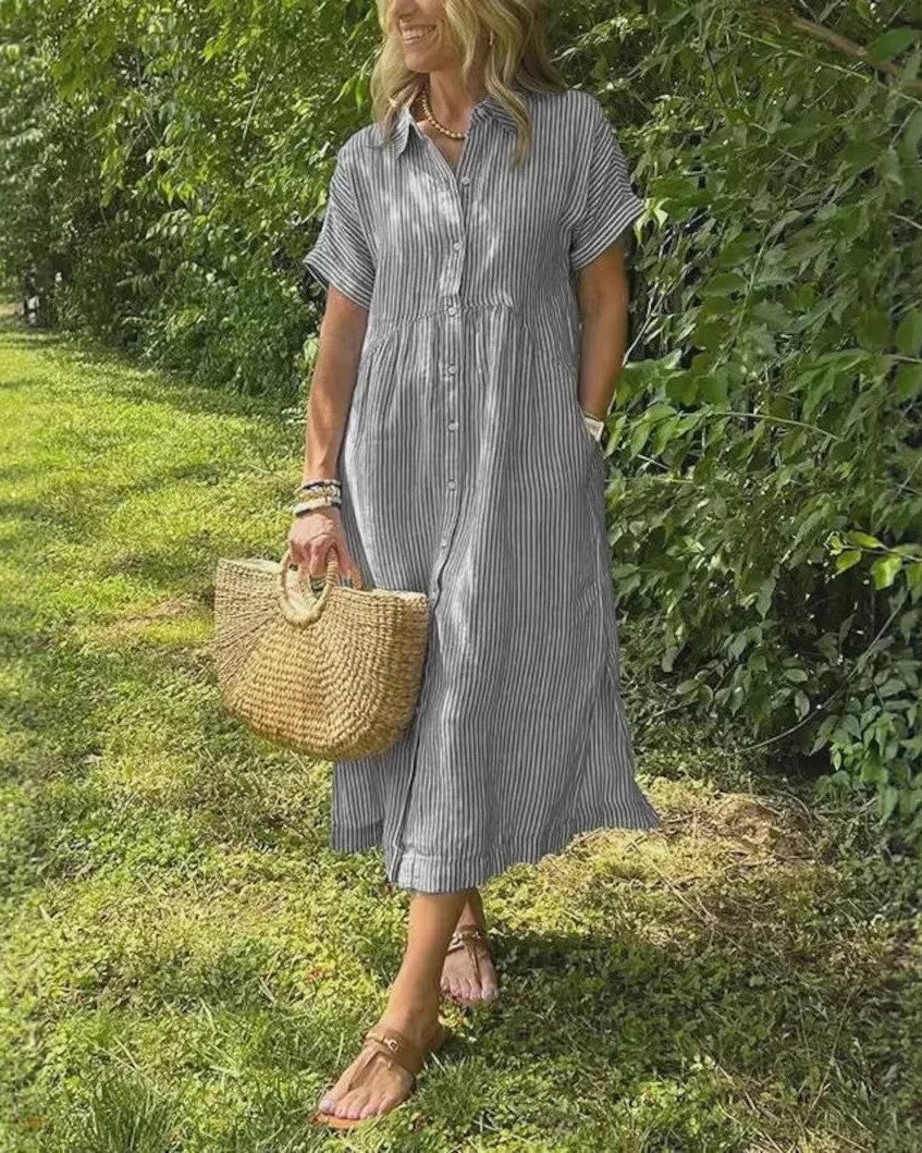 Midi Dress - Lightweight Blue Striped Casual Dress With Relaxed Fit