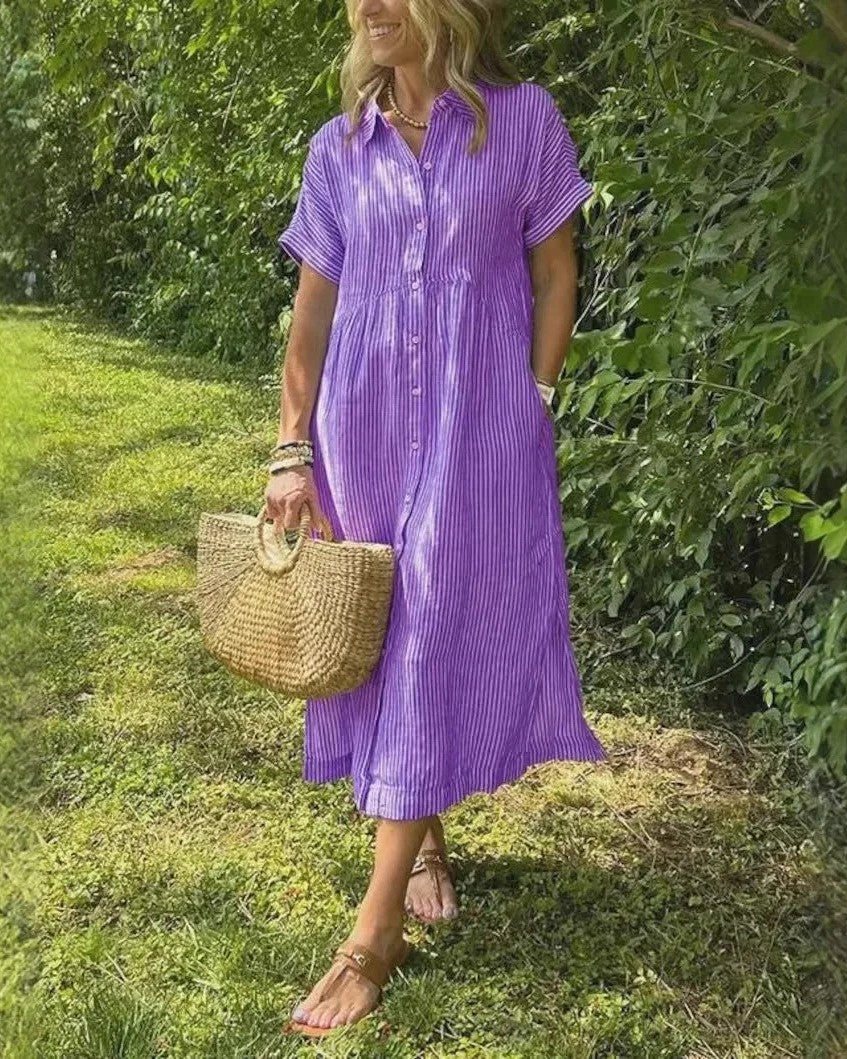 Midi Dress - Lightweight Blue Striped Casual Dress With Relaxed Fit