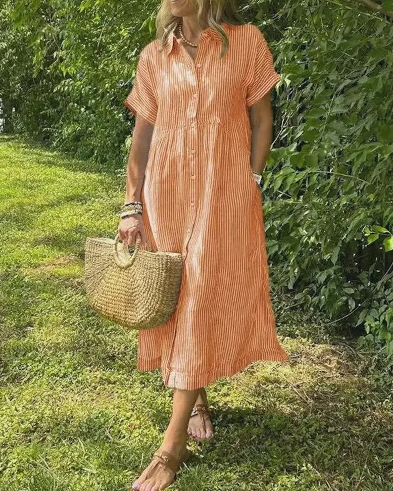 Midi Dress - Lightweight Blue Striped Casual Dress With Relaxed Fit