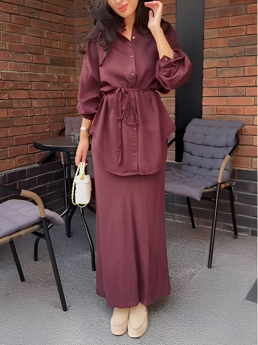 Tie Drawstring Shirt Set – Long Sleeve Outfit With Matching Skirt Combo