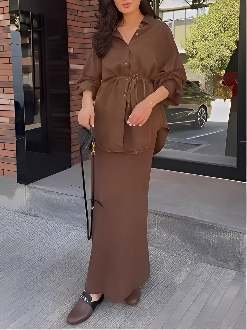 Tie Drawstring Shirt Set – Long Sleeve Outfit With Matching Skirt Combo