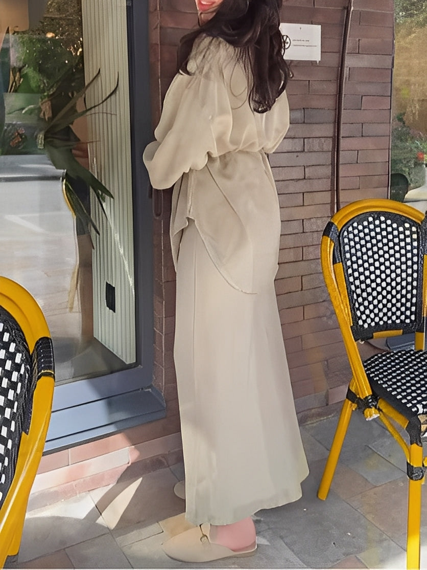 Tie Drawstring Shirt Set – Long Sleeve Outfit With Matching Skirt Combo