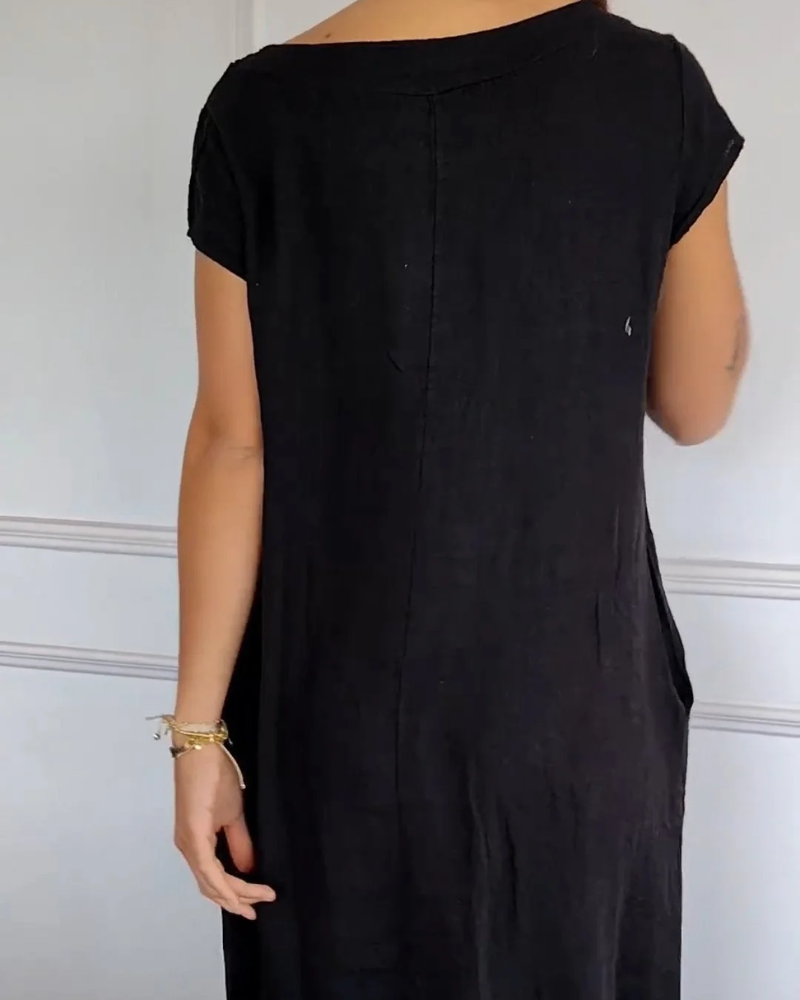 Casual Cotton Dress - Lightweight A-Line Silhouette With Side Pockets